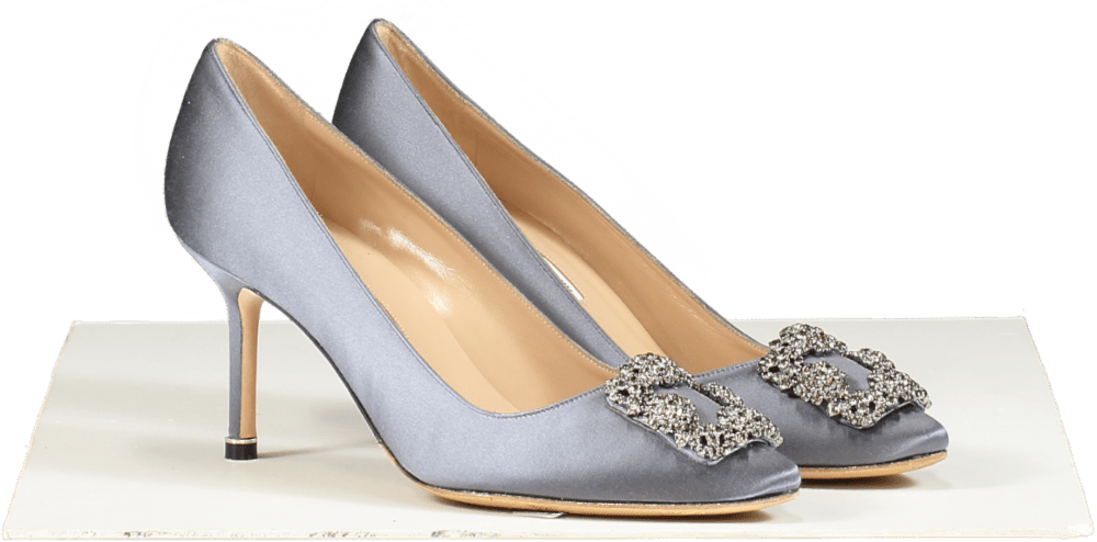 Manolo Blahnik Hangisi 70 Grey Satin Jewel Buckle Pumps UK 5 EU 38 👠 - Reliked
