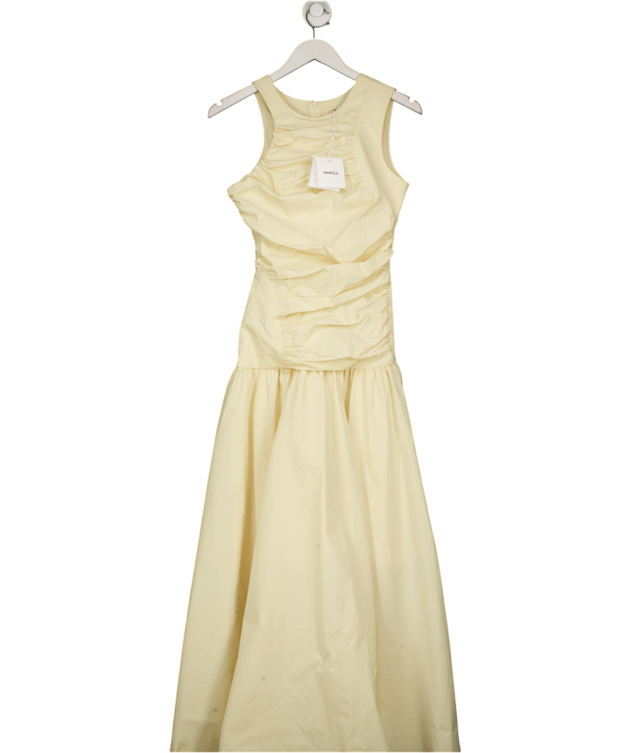 Marcela London Azura Ruched Drop Waist Cotton Blend Dress Butter Yellow UK S - Reliked Marcela London Azura Ruched Drop Waist Cotton Blend Dress Butter Yellow UK S - Reliked