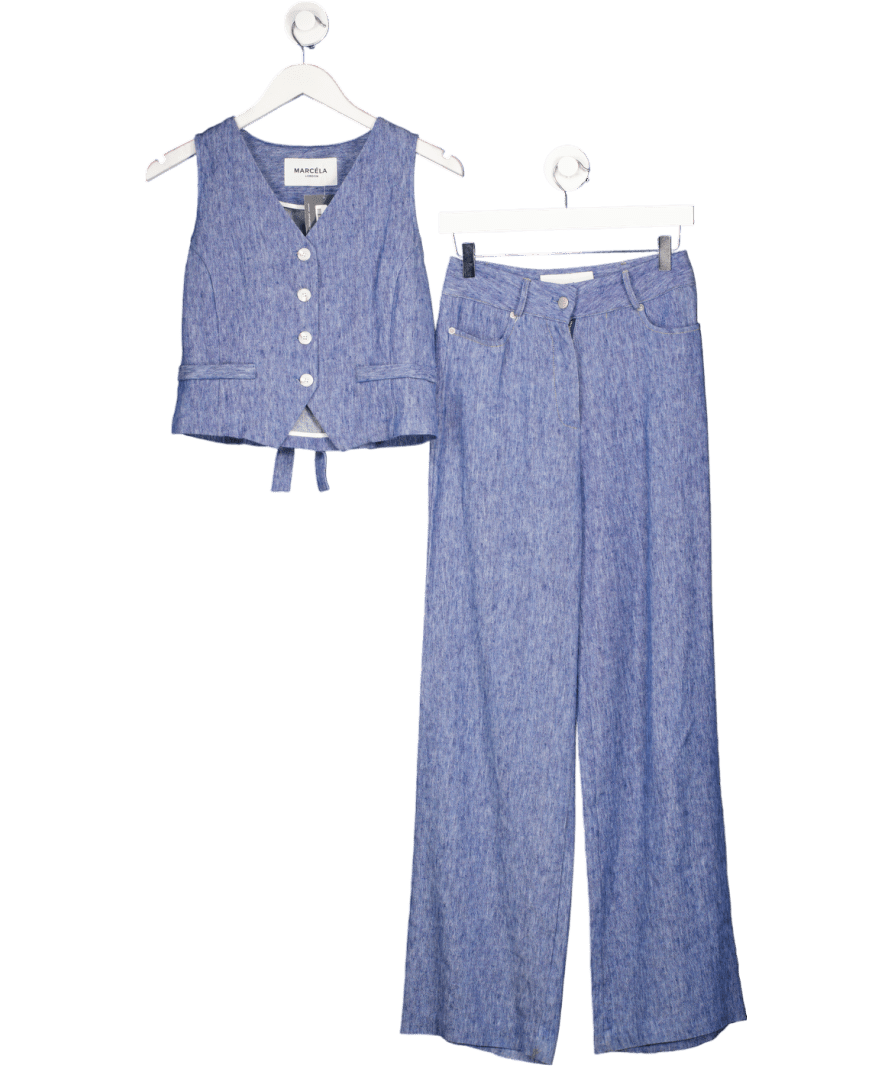 Marcela London Blue 2 - piece Mimi Linen Blend Denim Vest & Trousers Set UK S - Reliked