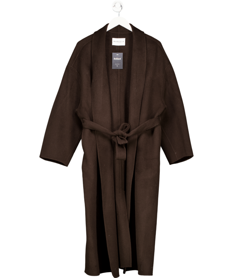 Marcela London Chocolate Brown 100% Wool Oversize Belted Coat One Size - Reliked