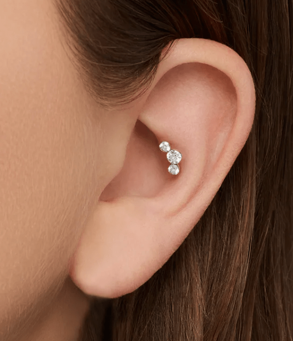 Maria Tash White Gold Three Diamond Curve Threaded Stud Earring Post 8mm - Reliked