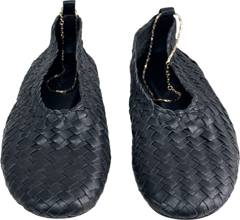 Massimo Dutti Black Leather Woven Ballet Flats With Gold Bracelet Strap UK 7 EU 40 👠 - Reliked
