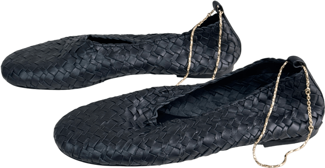Massimo Dutti Black Leather Woven Ballet Flats With Gold Bracelet Strap UK 7 EU 40 👠 - Reliked