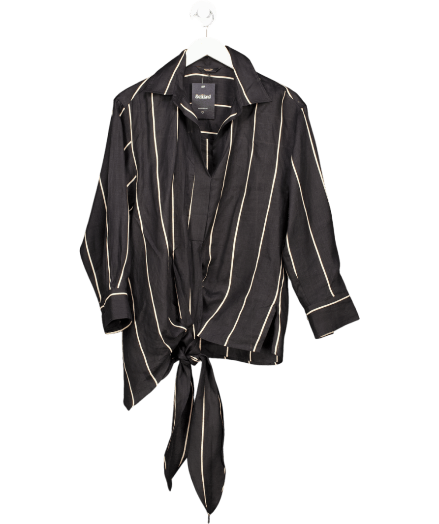 Massimo Dutti Black Striped Linen Tie Side Shirt UK S - Reliked