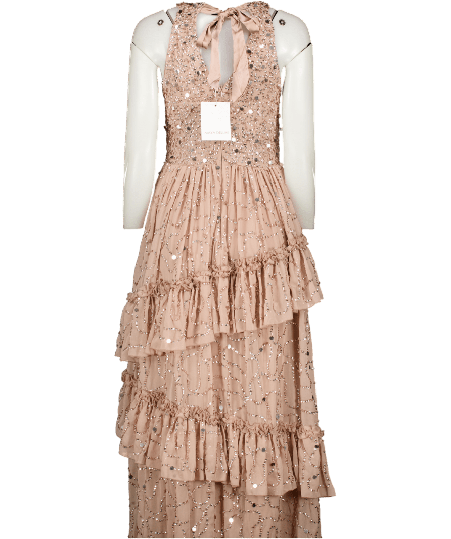 MAYA DELUXE Embellished Halterneck Maxi Dress, Taupe Blush Pink UK 8 - Reliked