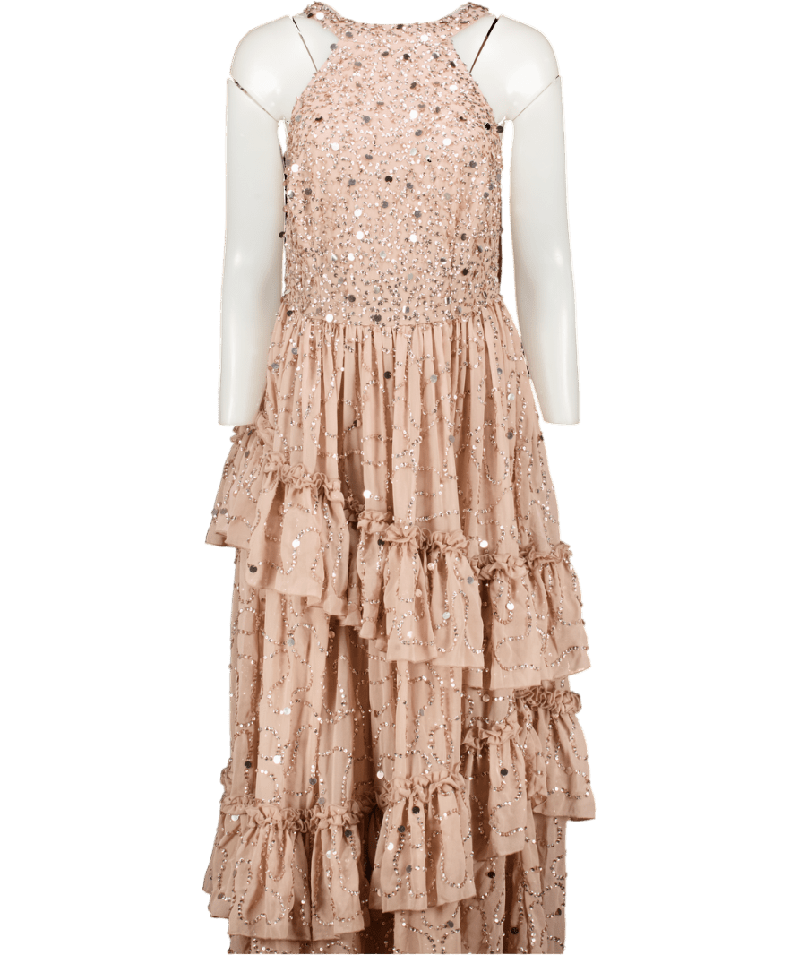 MAYA DELUXE Embellished Halterneck Maxi Dress, Taupe Blush Pink UK 8 - Reliked