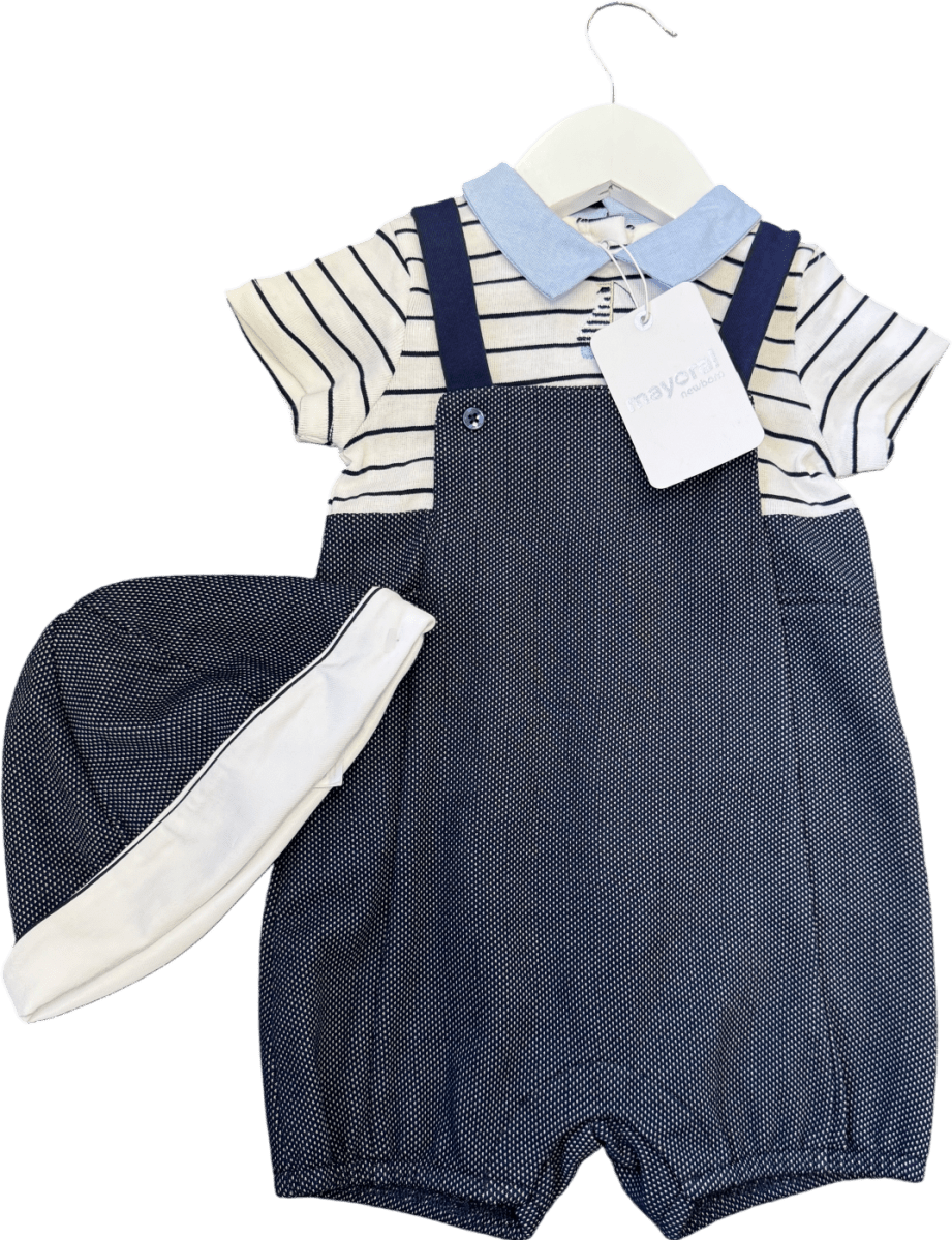 Mayoral Blue Navy Bu7e / White Striped 2 - piece Onesie And Hat Set 1 Year - Reliked