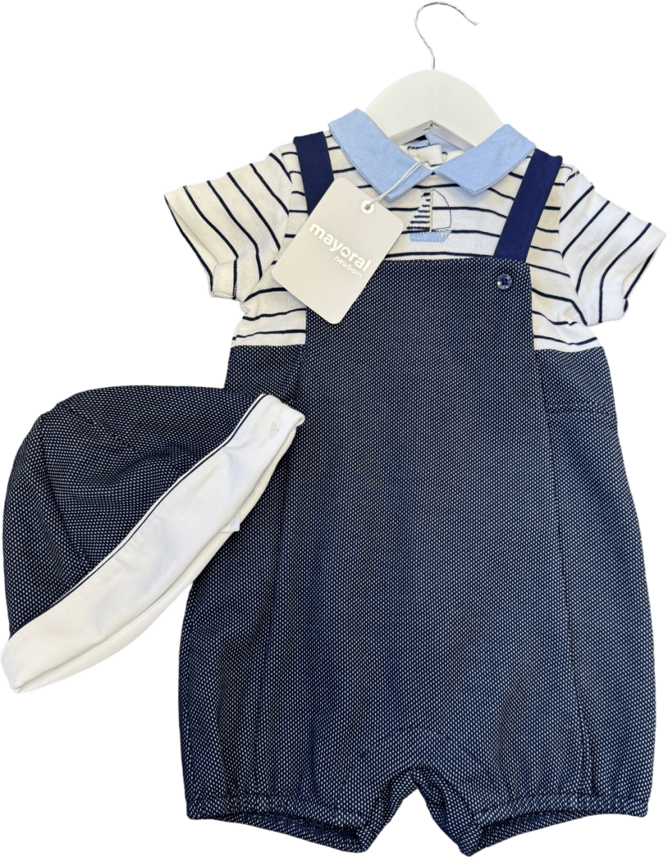 Mayoral Blue Navy Bu7e / White Striped 2 - piece Onesie And Hat Set 1 Year - Reliked