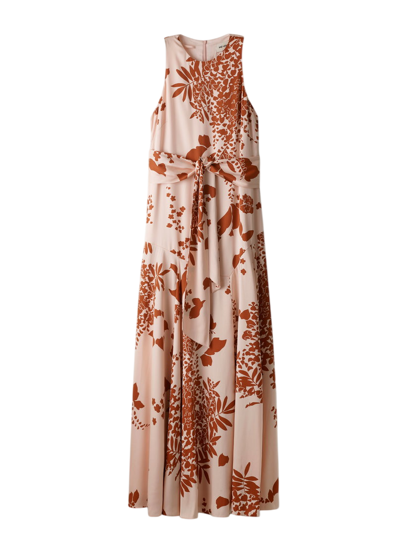 ME + EM Pink Silk Satin Draping Wisteria Print Full Length Dress + Tie-cinnamon UK 8