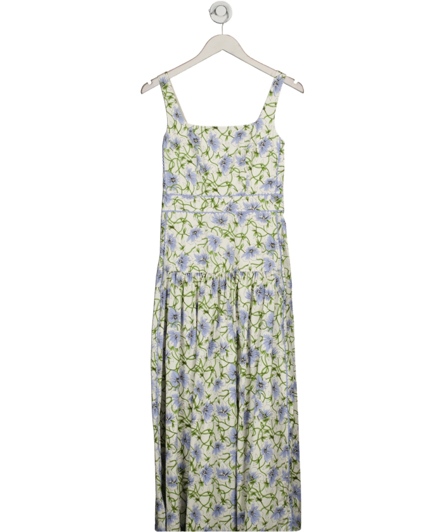 ME + EM White / Blue Twisting Poppy Print Square - neck Cotton Maxi Dress UK 8 - Reliked