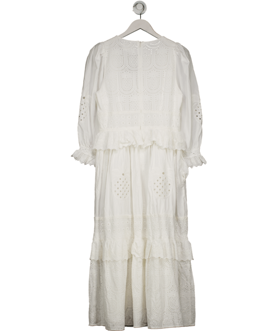 Meadows White 100% Cotton Lined Broderie Detail Midi Dress UK 14 - Reliked