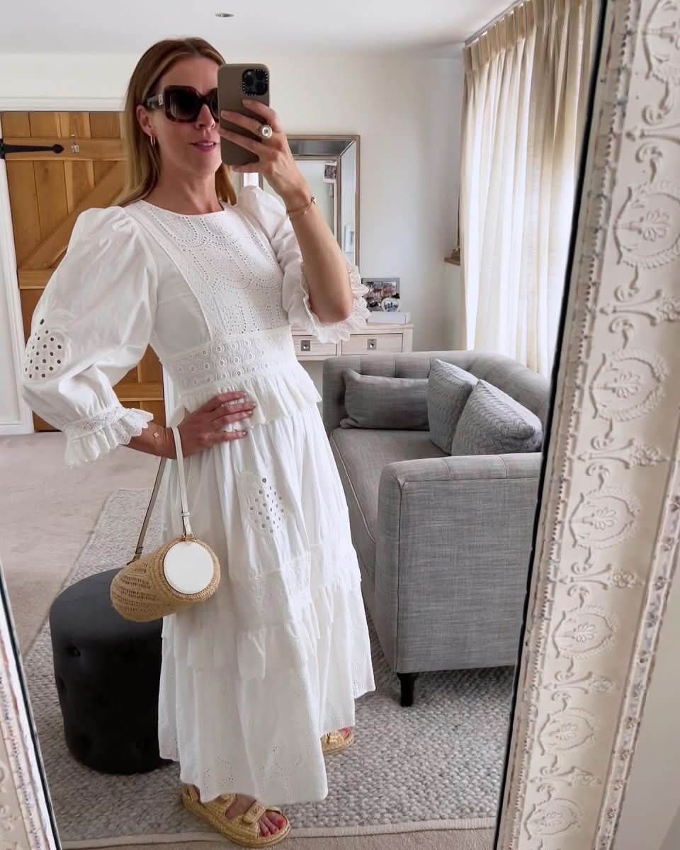 Meadows White 100% Cotton Lined Broderie Detail Midi Dress UK 14 - Reliked