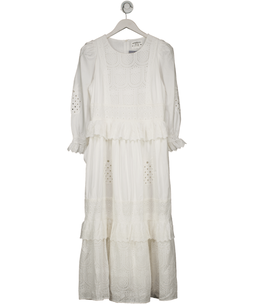Meadows White 100% Cotton Lined Broderie Detail Midi Dress UK 14 - Reliked