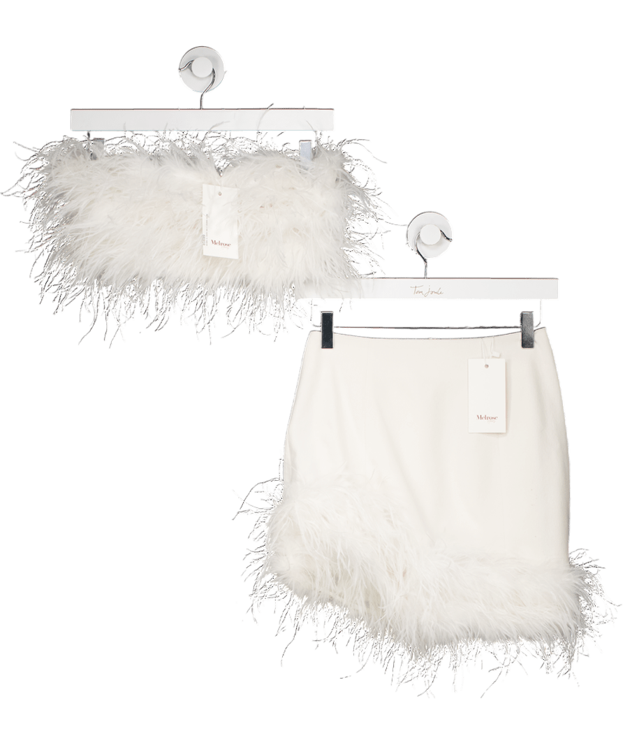 Melrose Haus 2 - piece Ivory White Feather Trim Skirt And Bandeau Top Set UK XS - Reliked