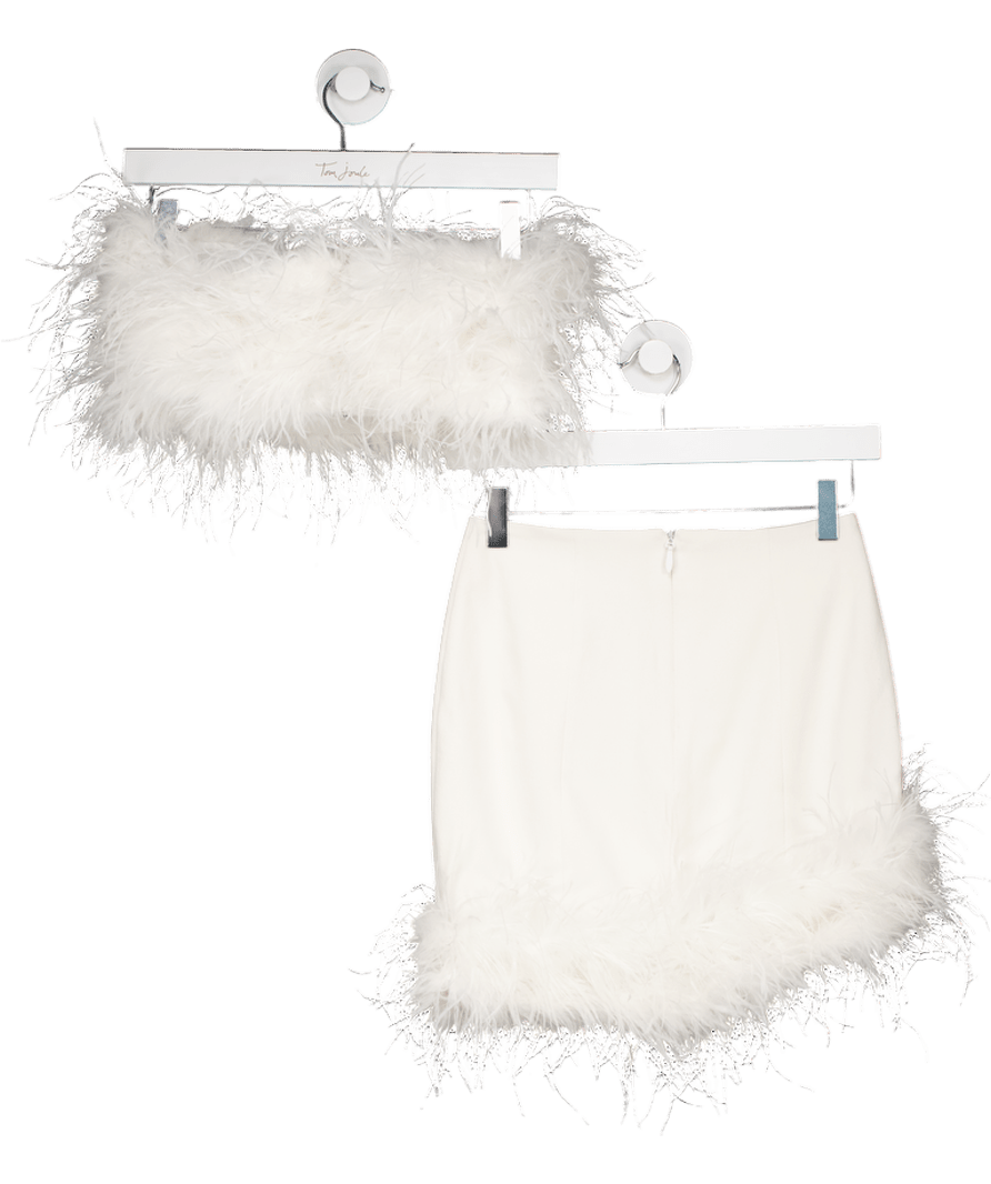 Melrose Haus 2 - piece Ivory White Feather Trim Skirt And Bandeau Top Set UK XS - Reliked