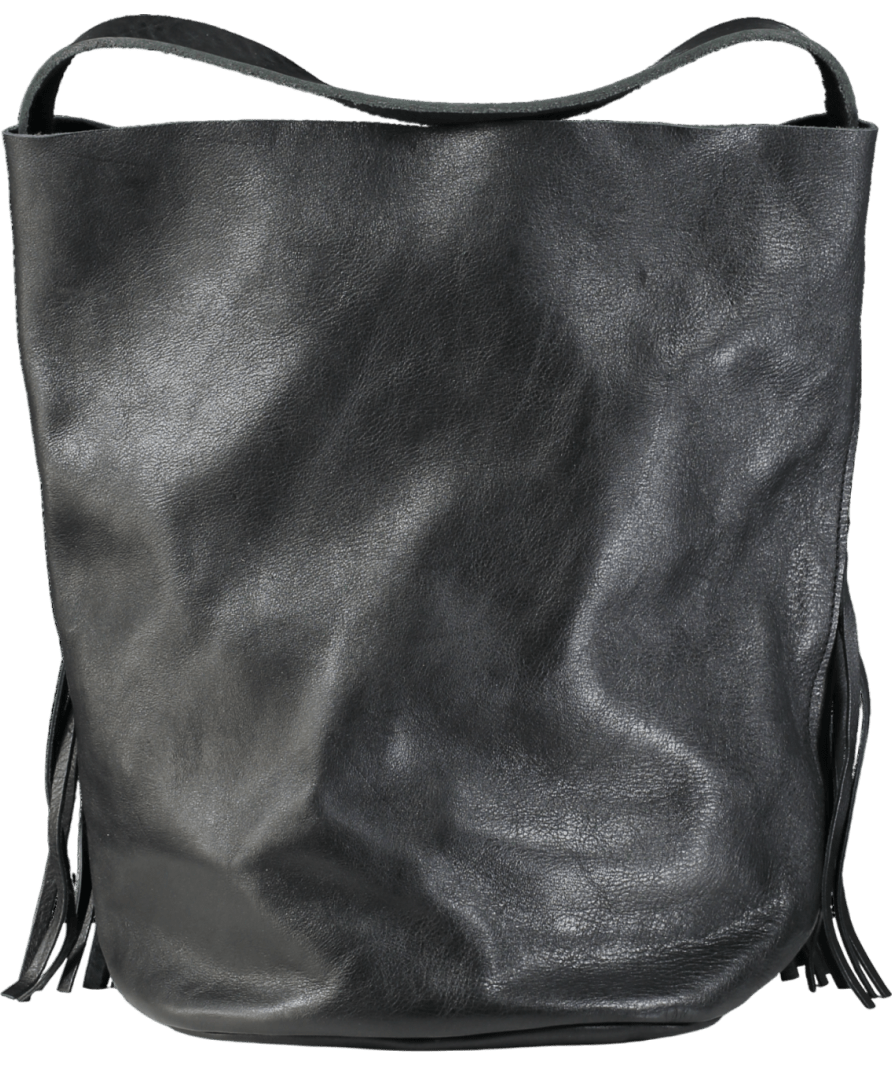 Mercules Black Large Leather Bucket Bag With Fringes. - Reliked