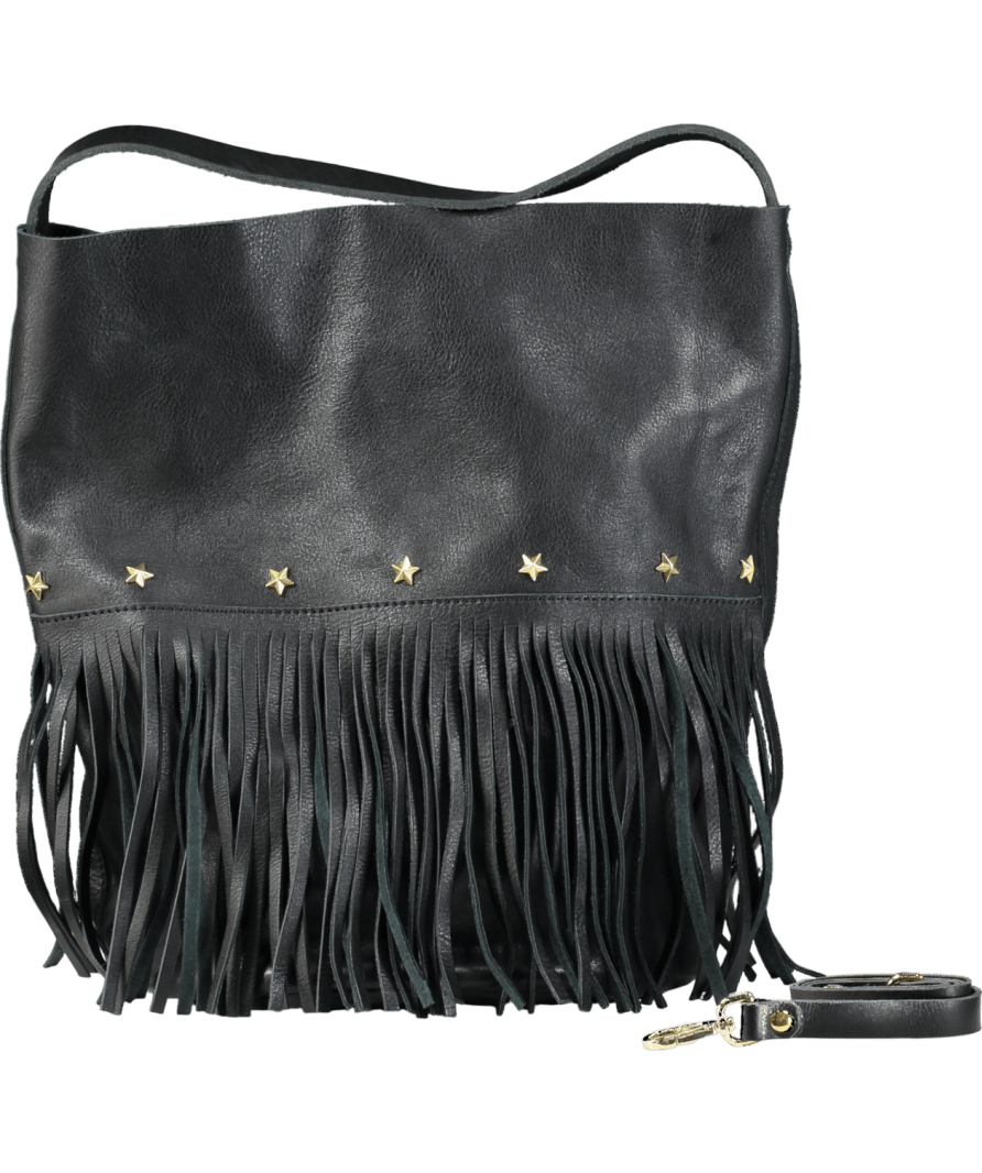 Mercules Black Large Leather Bucket Bag With Fringes. - Reliked