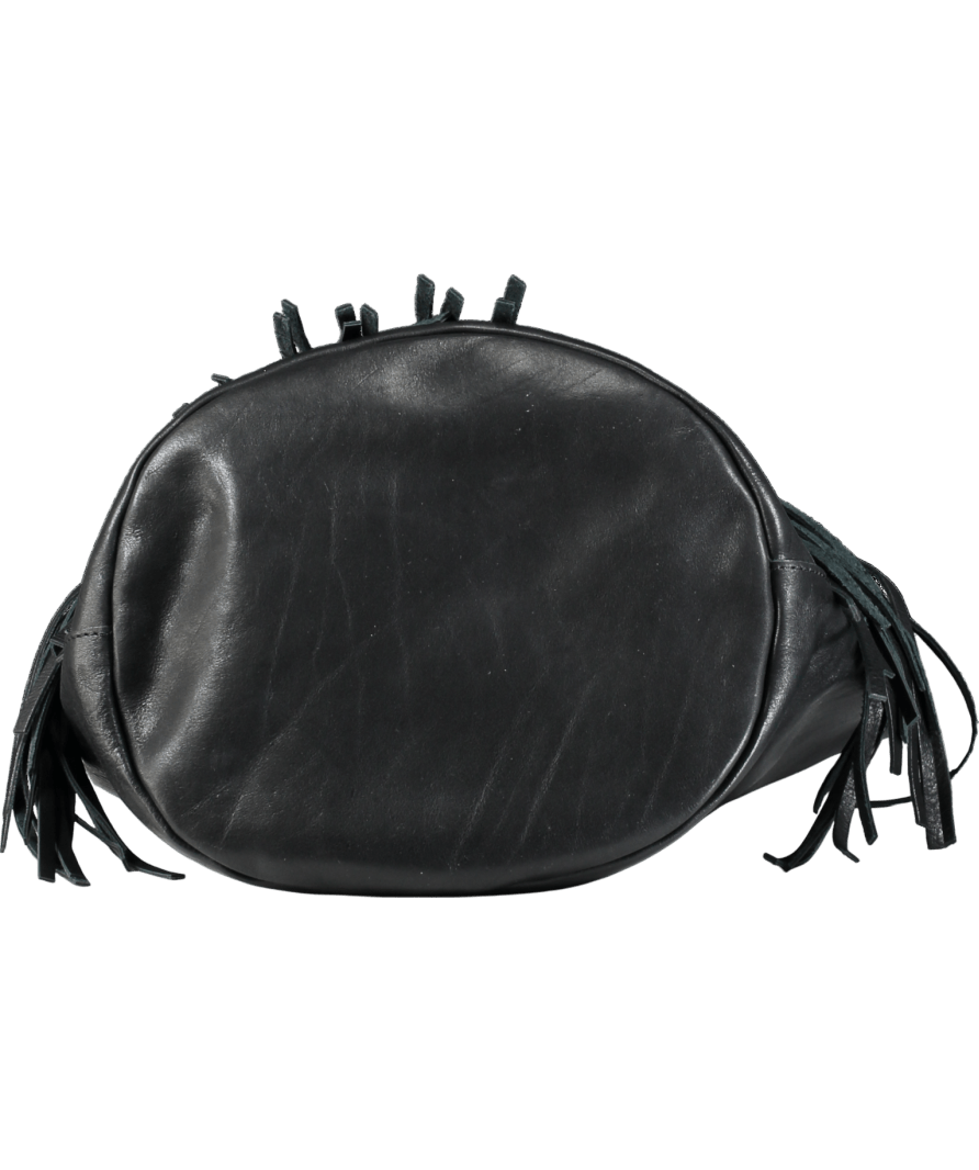 Mercules Black Large Leather Bucket Bag With Fringes. - Reliked