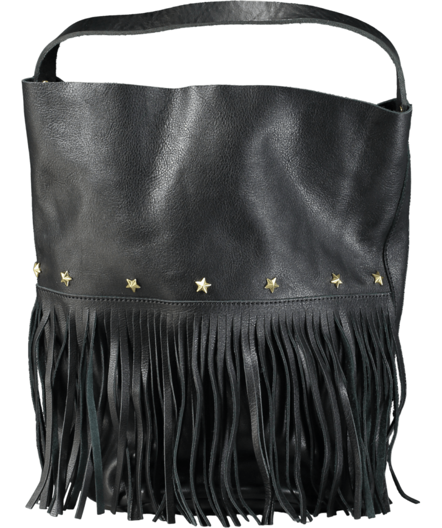 Mercules Black Large Leather Bucket Bag With Fringes. - Reliked