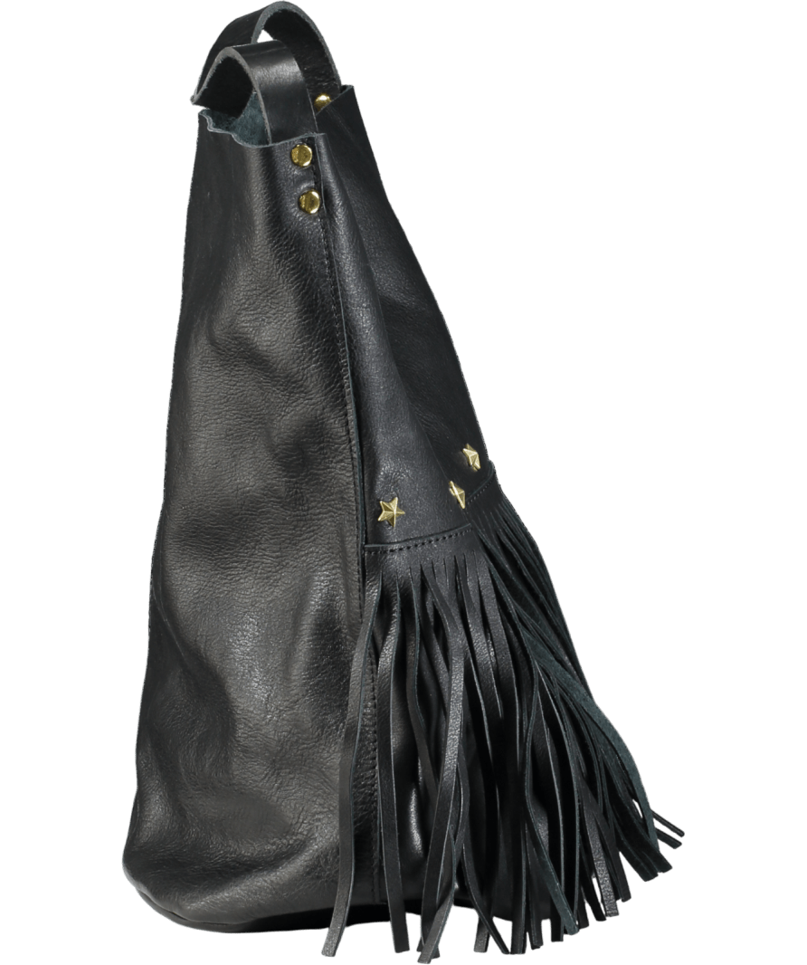 Mercules Black Large Leather Bucket Bag With Fringes. - Reliked