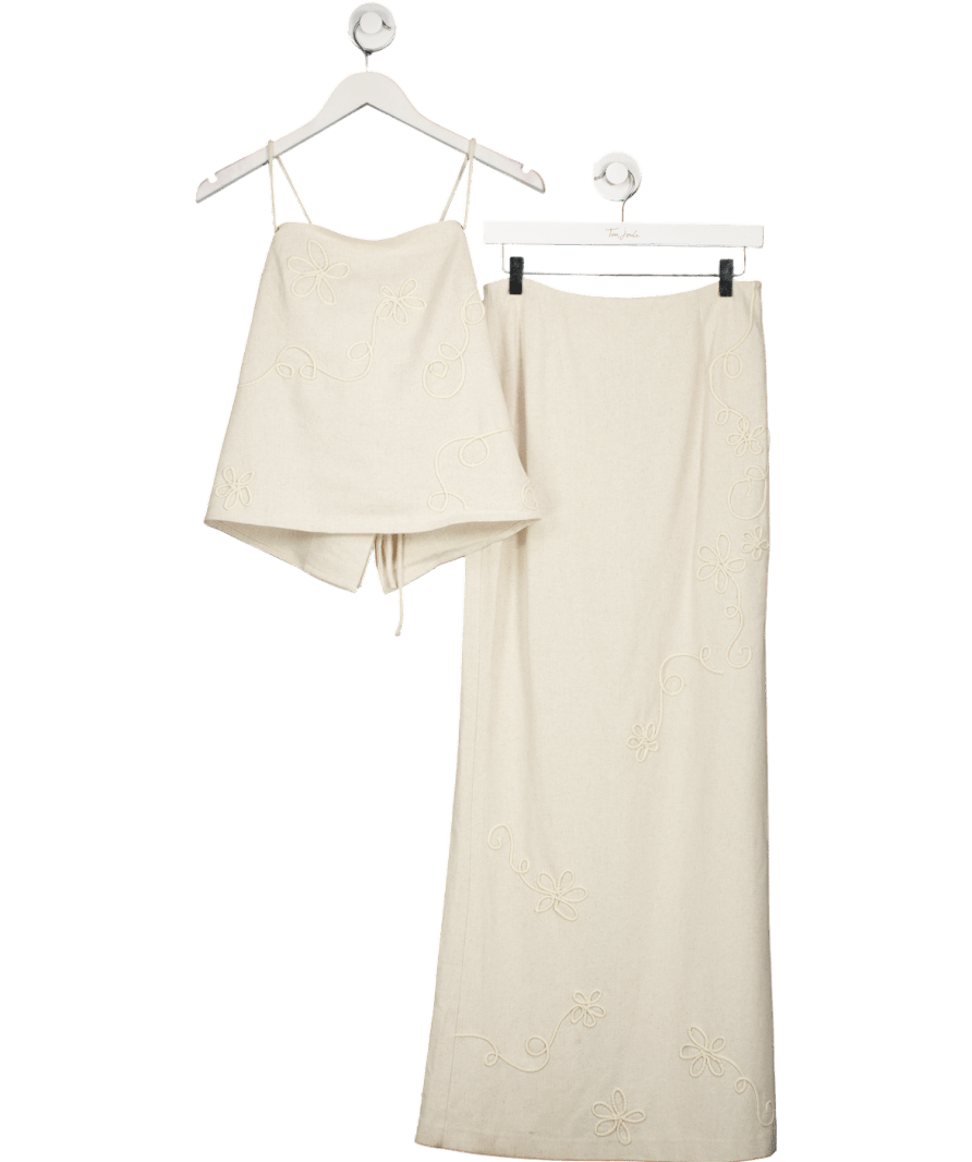 Meshki Beige 2 - piece Casey Linen Embroidered Maxi Skirt And Top Set UK S - Reliked