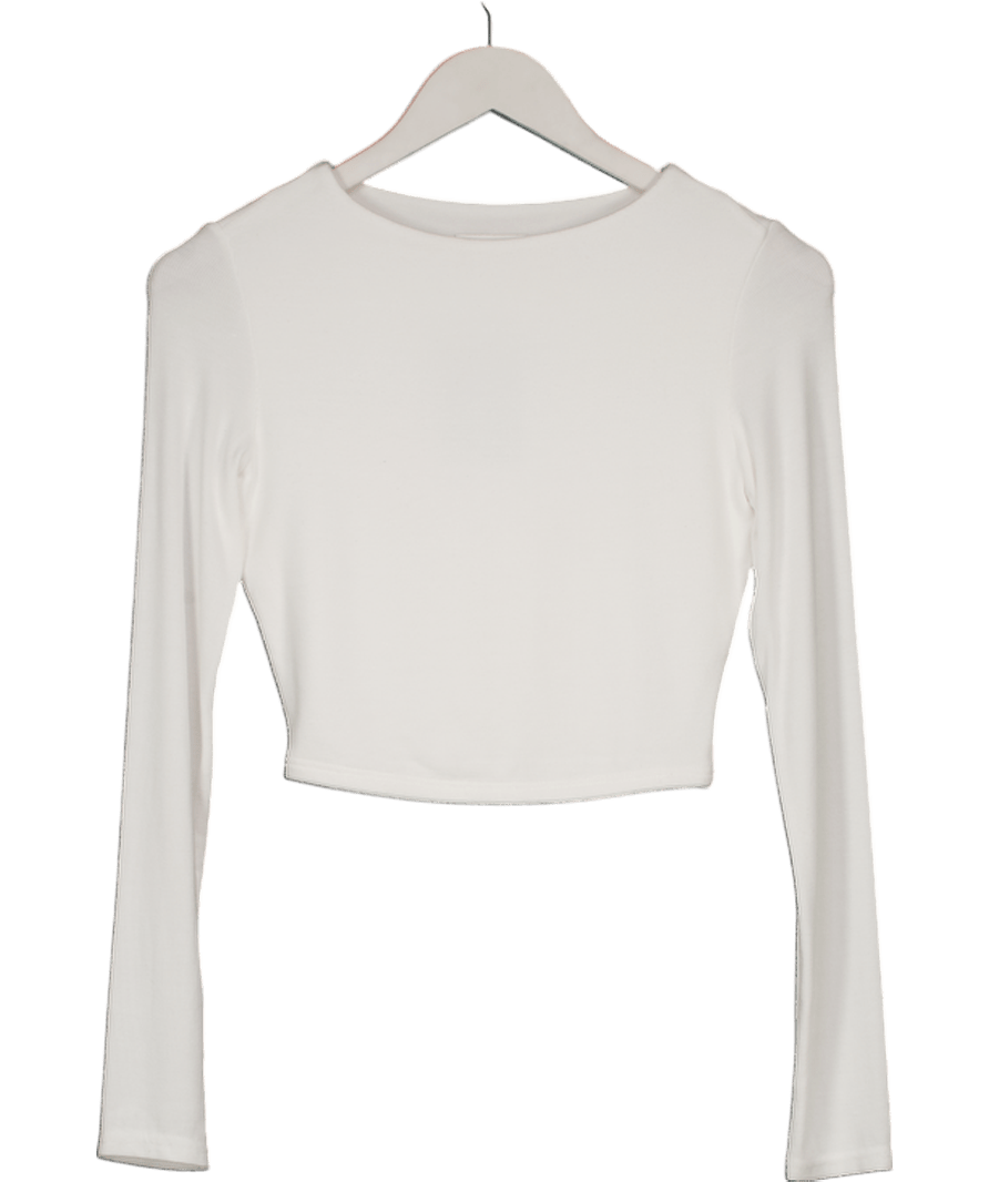 Meshki White Soft Ripbbed Cropped Long Sleeve Top UK XS - Reliked