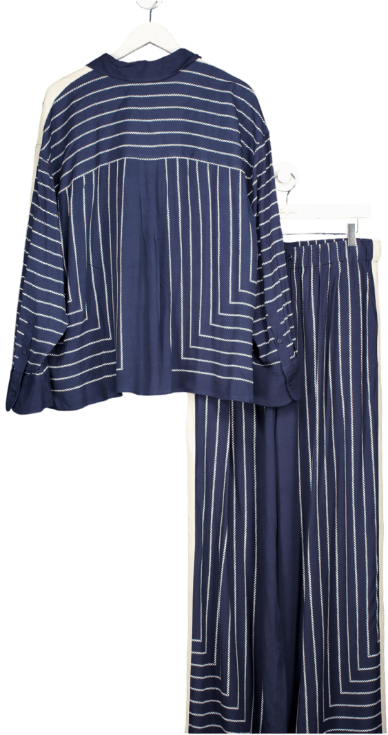 Mint Velvet 2 - piece Navy Blue Print Striped Wide Leg Trousers ( Long Length) And Shirt Set UK XL - Reliked