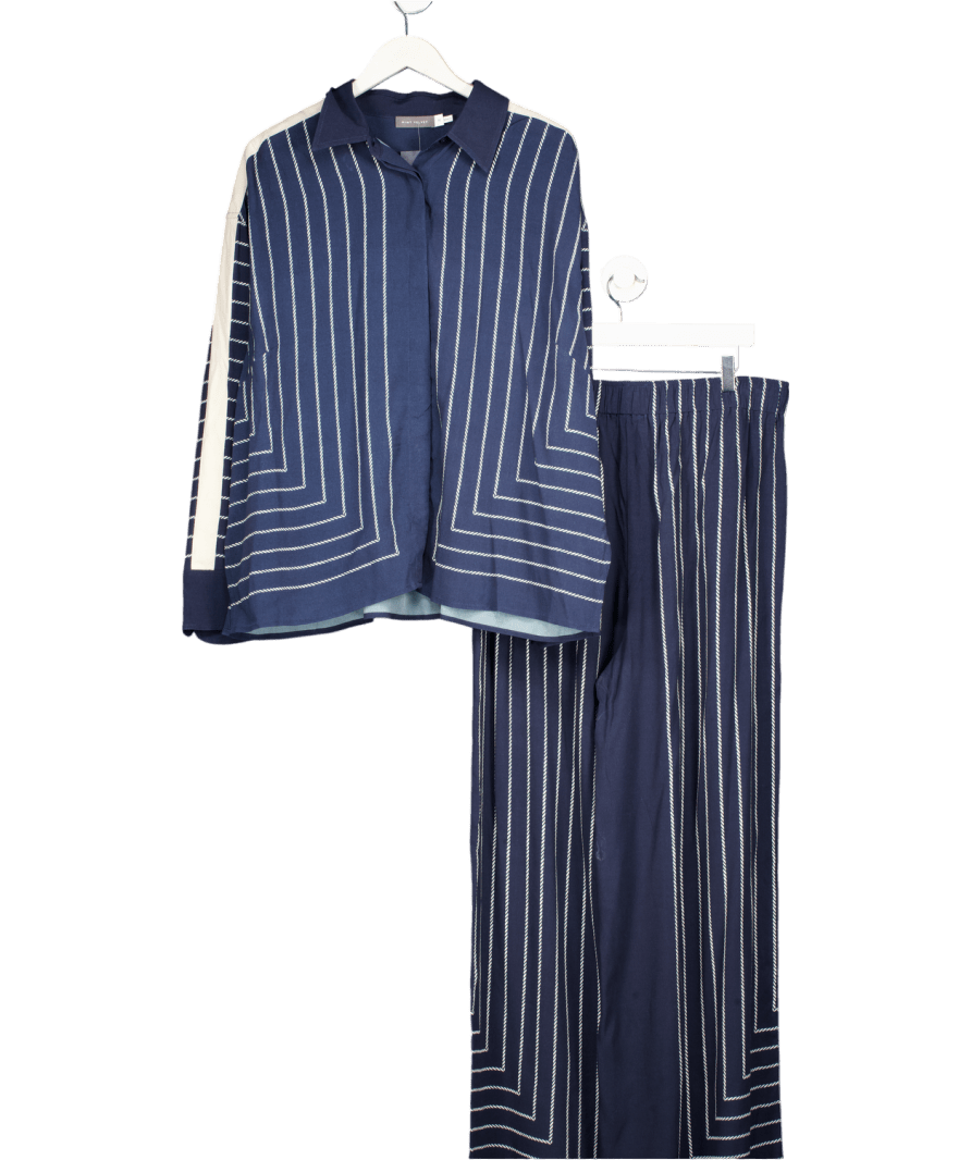 Mint Velvet 2 - piece Navy Blue Print Striped Wide Leg Trousers ( Long Length) And Shirt Set UK XL - Reliked
