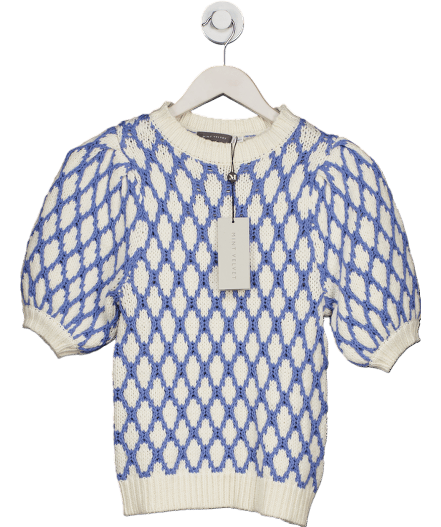Mint Velvet Blue Stitch Detail Knitted Puff Sleeve Top UK XS - Reliked