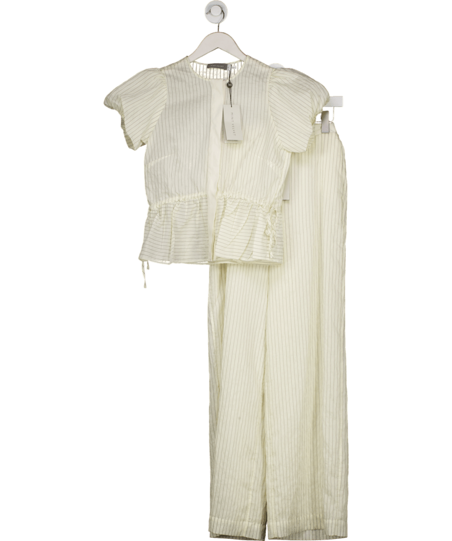 Mint Velvet Cream 2 - piece Neutral Stripe Puff Sleeve Peplum Top And Wide Leg Trouser Set UK XS - Reliked