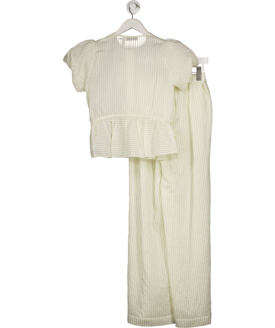 Mint Velvet Cream 2 - piece Neutral Stripe Puff Sleeve Peplum Top And Wide Leg Trouser Set UK XS - Reliked