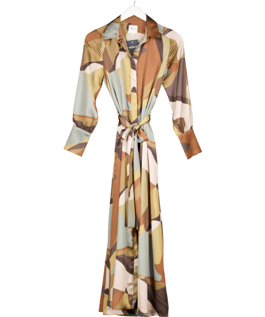 MISA Los Angeles Brown Satin Abstract Print Herminia Dress UK XS - Reliked