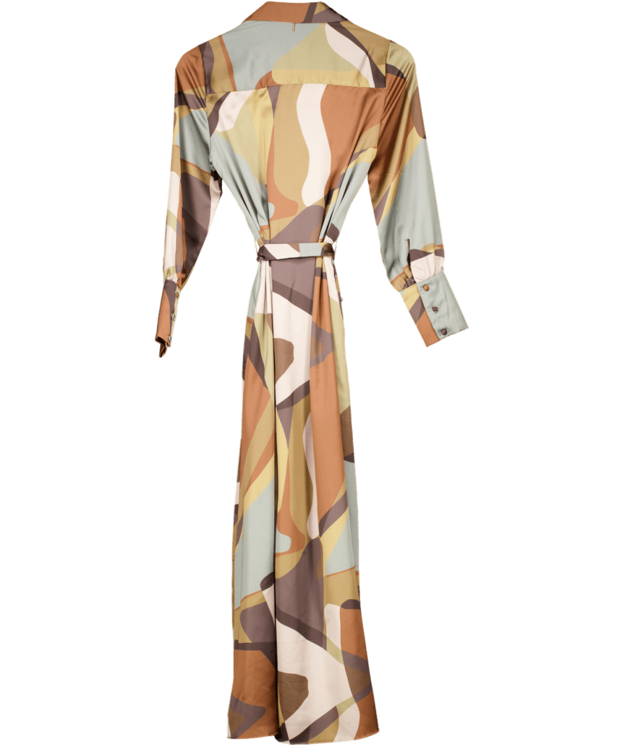 MISA Los Angeles Brown Satin Abstract Print Herminia Dress UK XS - Reliked