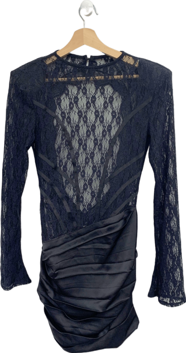 Miss Circle Black Lace Satin Ruched Dress UK XS - Reliked