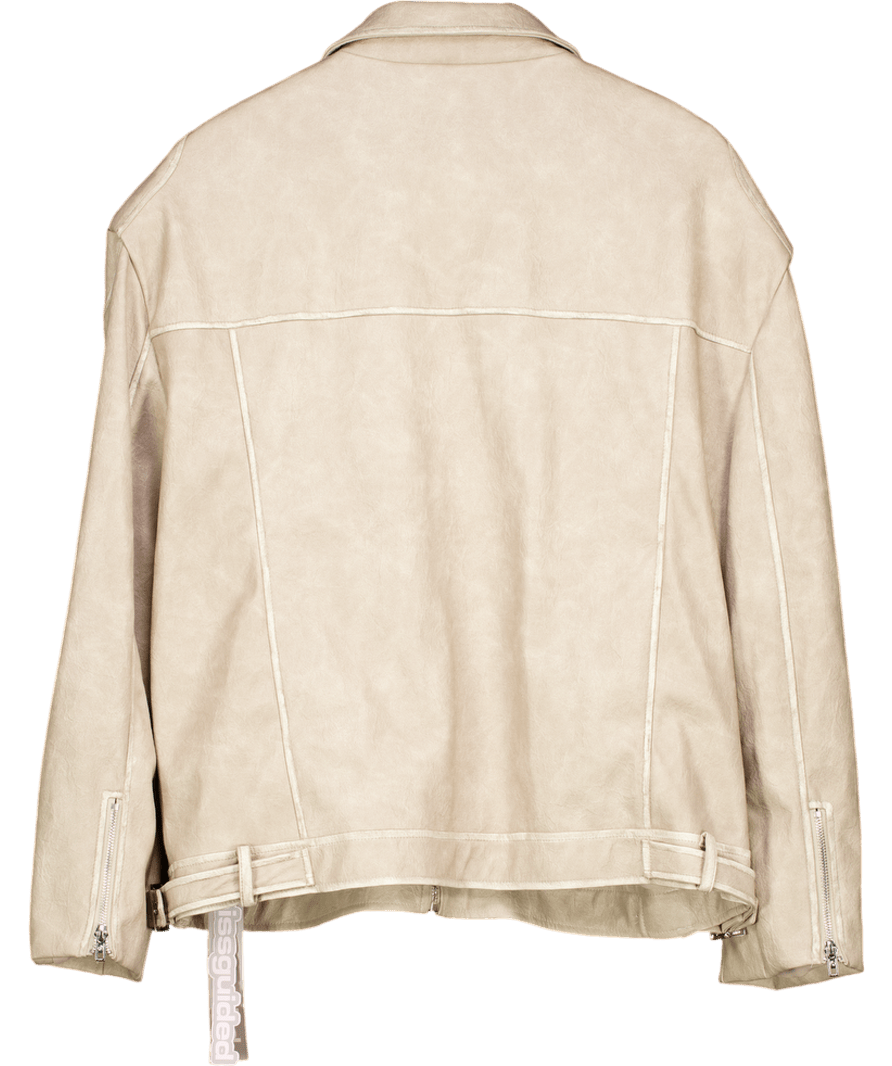 Missguided Beige Vintage Oversized Leather Biker Jacket UK S - Reliked