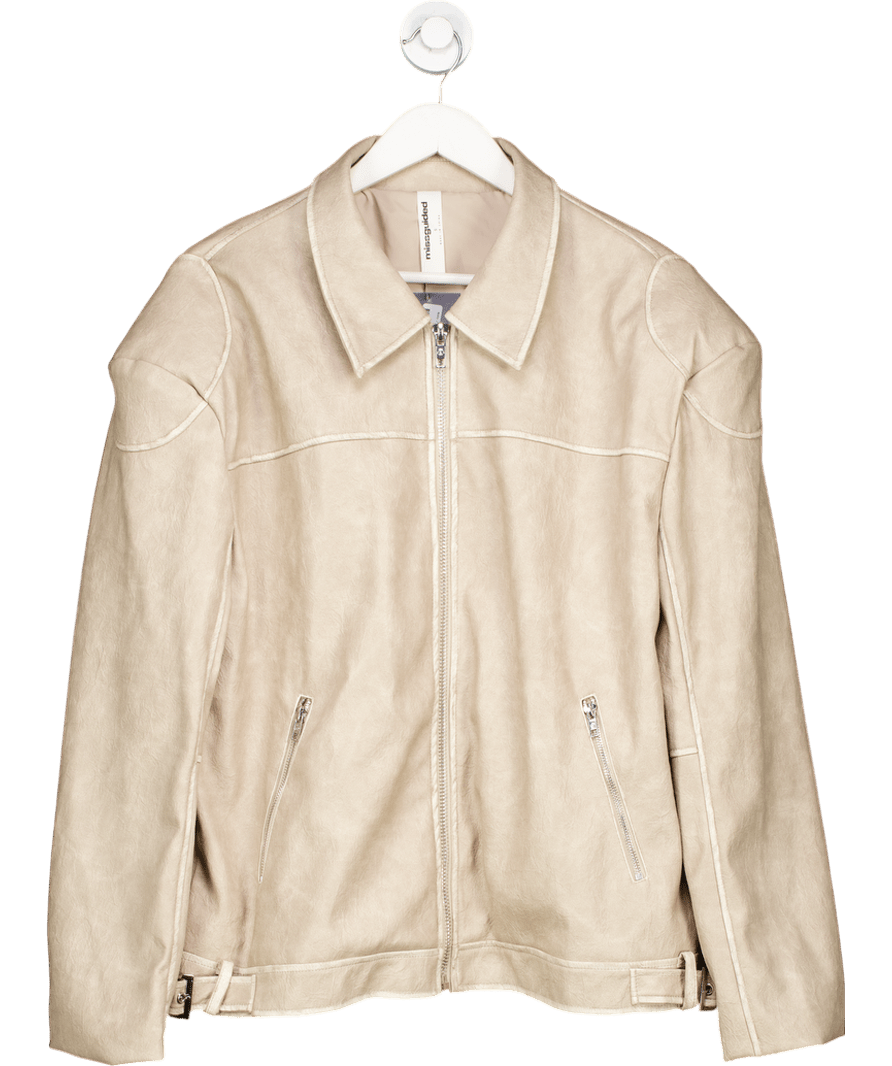 Missguided Beige Vintage Oversized Leather Biker Jacket UK S - Reliked