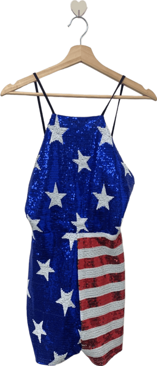 Missguided Blue Sequin American Flag Pattern Halterneck Dress UK 10 - Reliked