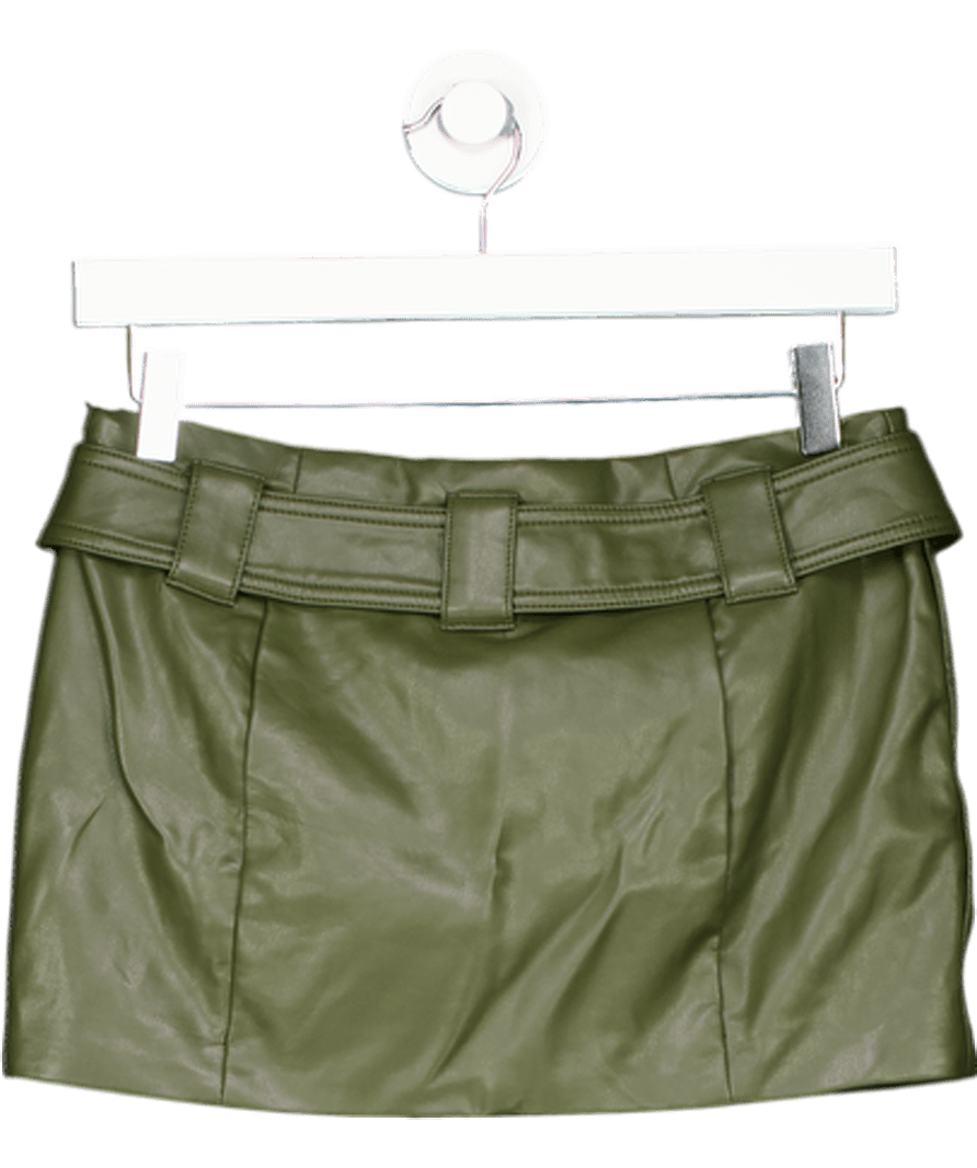 Mistress Rocks Green Olive Vegan Leather Belted Mini Skirt UK S - Reliked