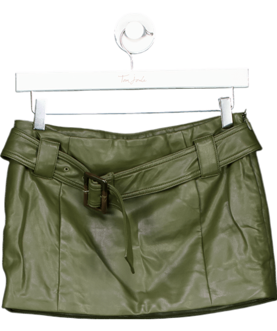 Mistress Rocks Green Olive Vegan Leather Belted Mini Skirt UK S - Reliked