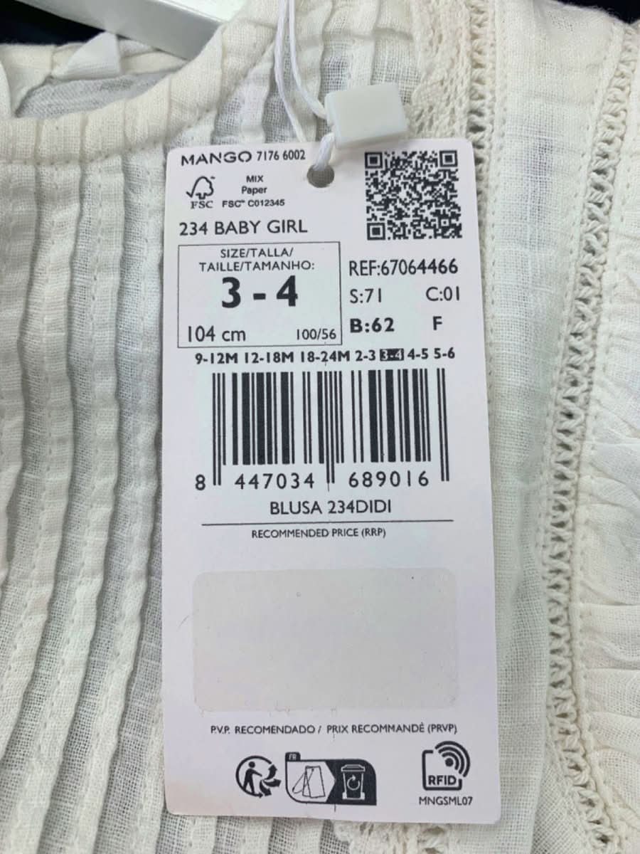 MNG (Mango) White Baby Girl BlouseI Top 3 - 4yrs - Reliked