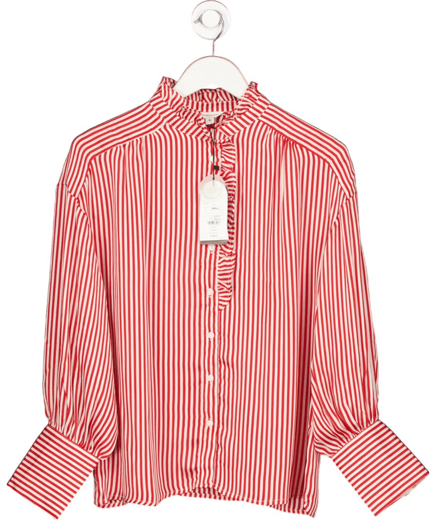 Monsoon Nancy Ruffle Satin Candy Stripe Blouse Red UK S - Reliked