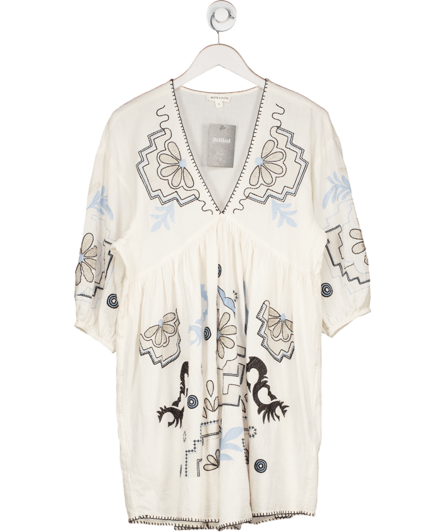 Monsoon White / Blue Embroidered Cotton Mini Dress UK S - Reliked
