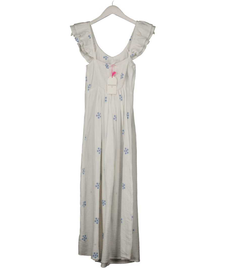 Monsoon White Daisy Frill Embroidered Midi Dress UK S - Reliked