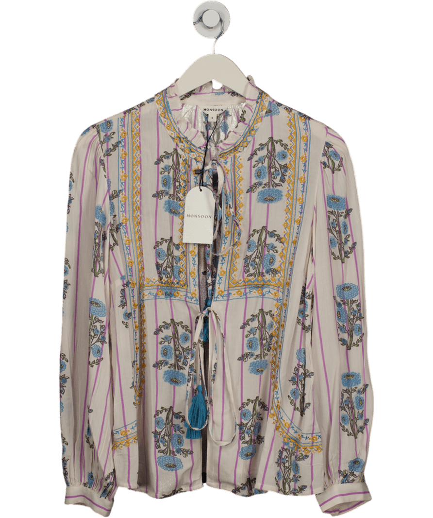 Monsoon White Elora Floral Stripe Tie Blouse Ivory UK S - Reliked