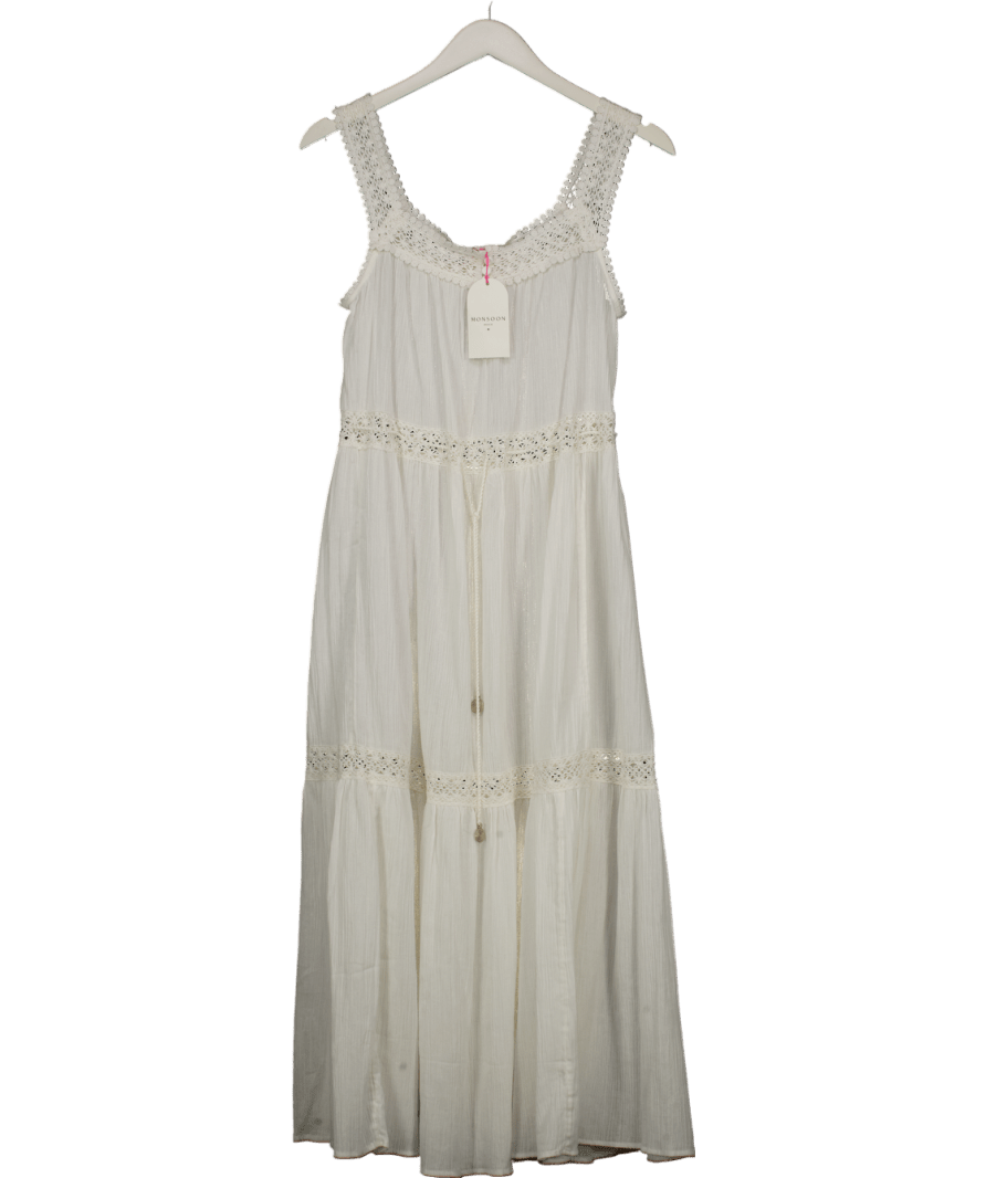 Monsoon White Maddi Sleeveless Embroidered Midi Dress Cream UK S - Reliked