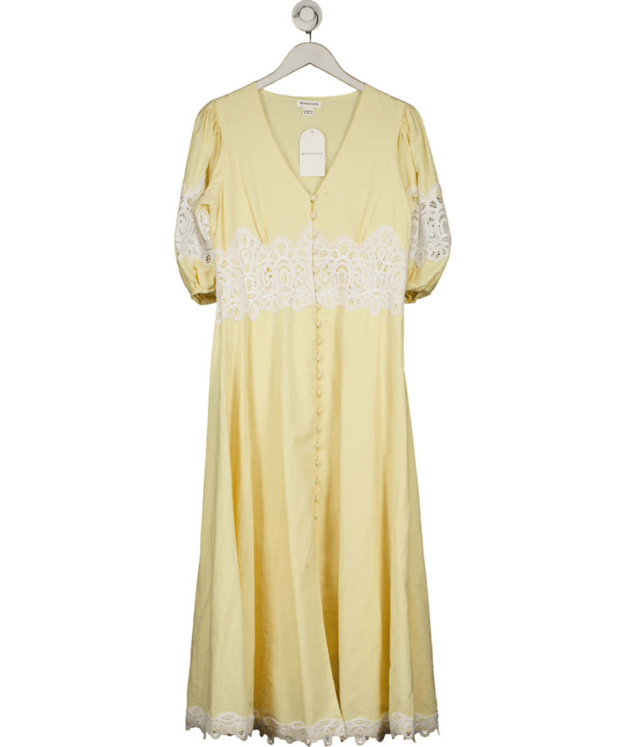 Monsoon Yellow Nancy Applique Puff - sleeve Midi Dress UK 12 - Reliked