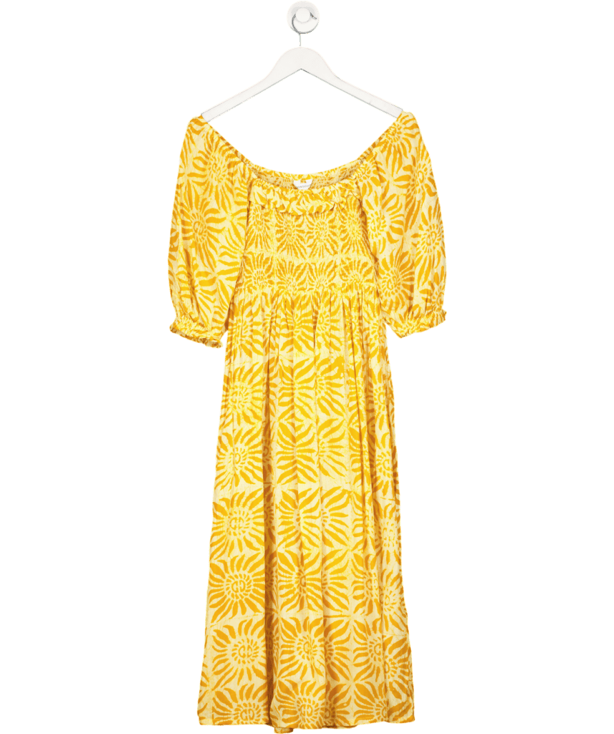 Monsoon Yellow Shirred Bustsun Print Midi Dress UK S - Reliked