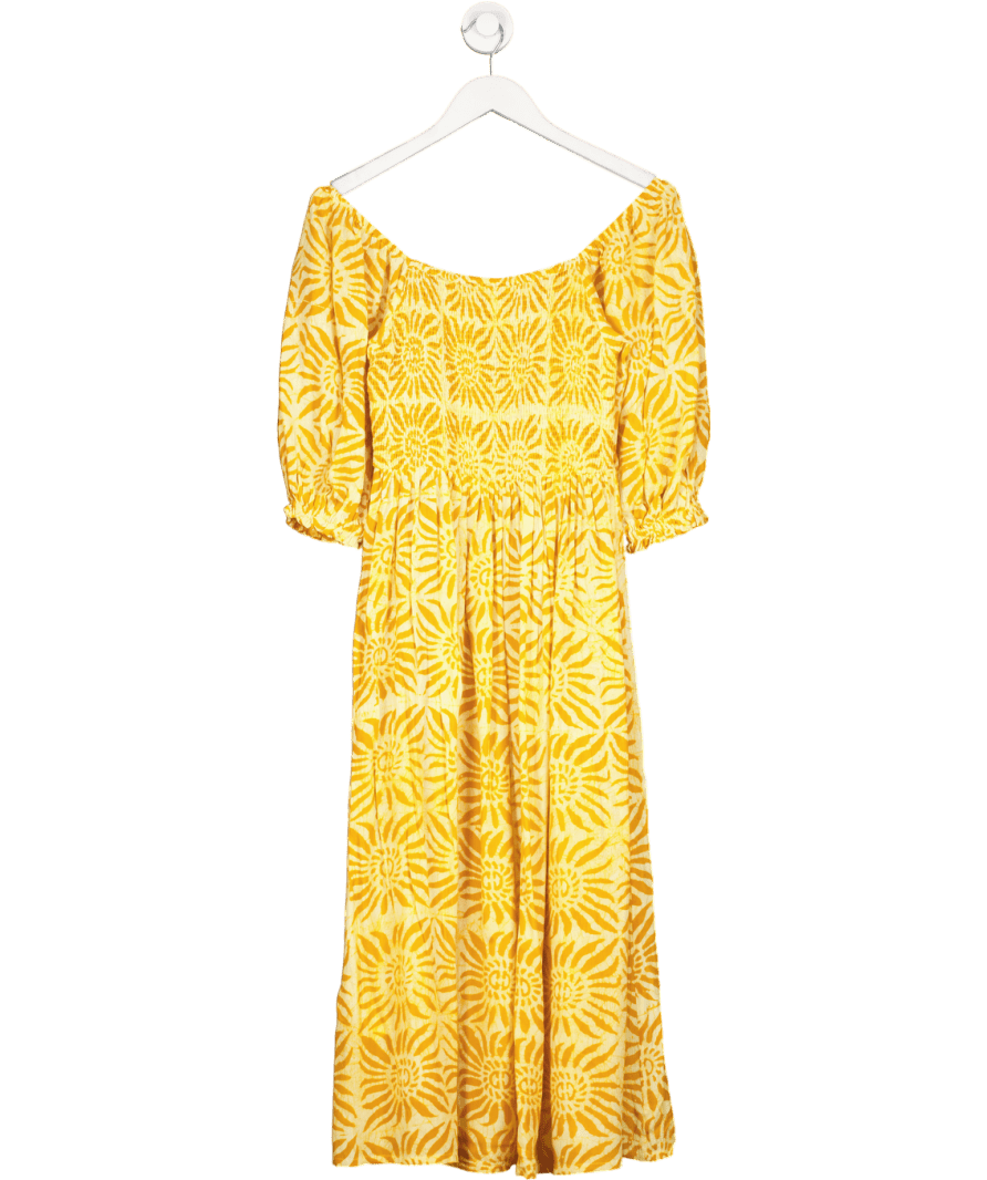 Monsoon Yellow Shirred Bustsun Print Midi Dress UK S - Reliked