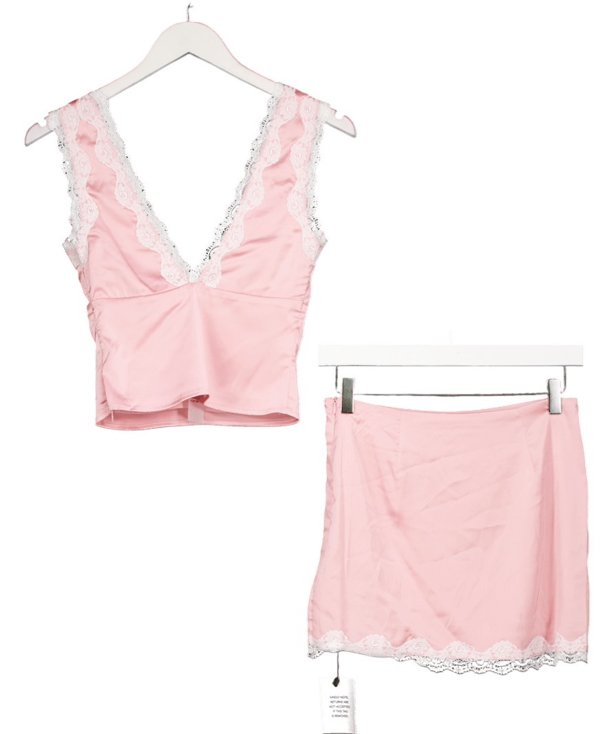 MORE TO COME 2 - piece Pink Satin And Lace Skirt Set UK XXS - Reliked