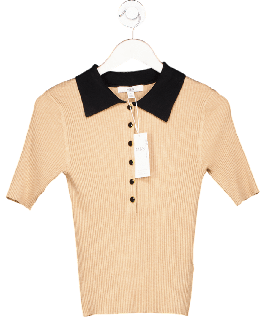 M&S Beige Camel Soft Touch Collared Knitted Top UK 8 - Reliked
